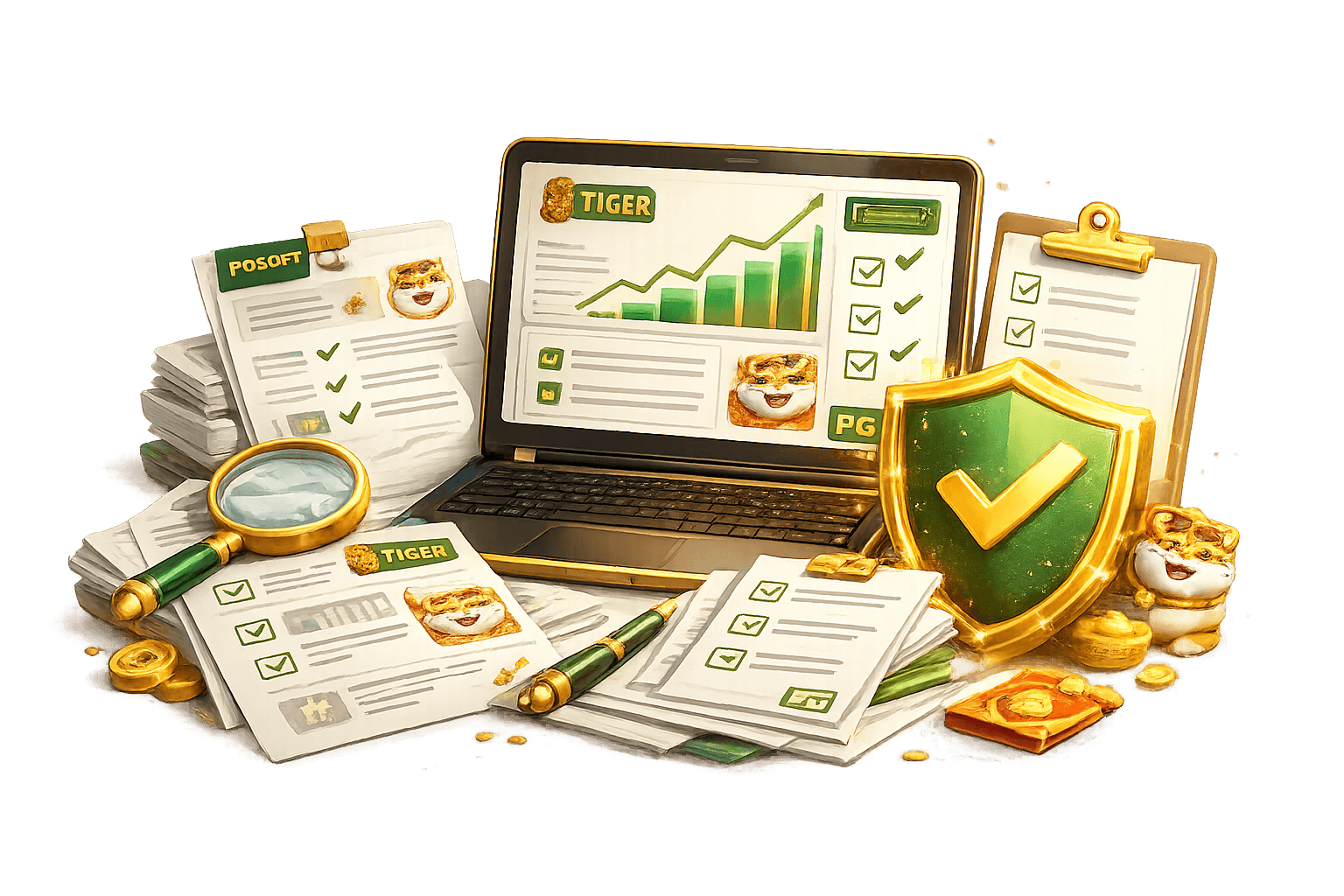 Ilustração da equipe editorial do Tigrinho.digital verificando informações técnicas do Fortune Tiger por meio de documentos, notebook, checklist e processo de revisão editorial.
