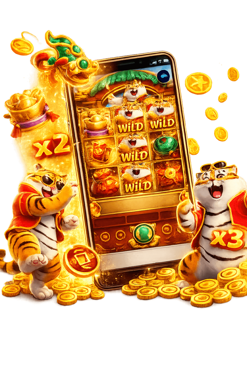 Ilustração do Jogo do Tigrinho (Fortune Tiger) no celular com símbolo Wild e moedas douradas