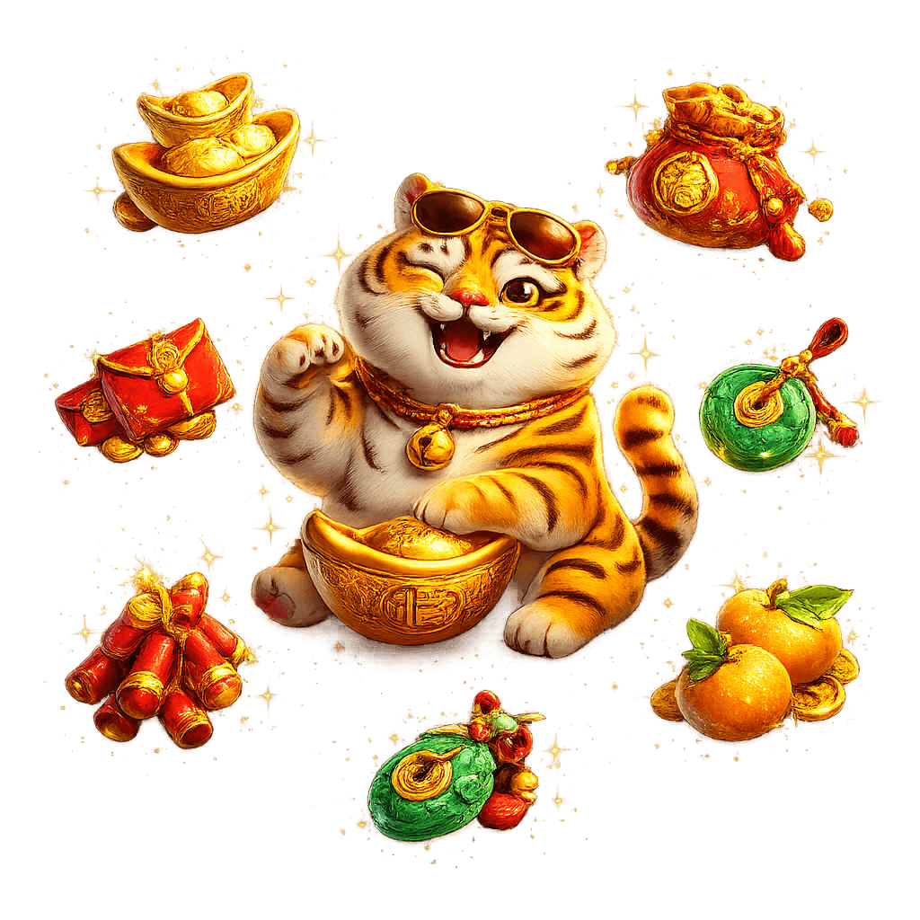 Ilustração do Tigre Wild cercado pelos principais símbolos do Jogo do Tigrinho